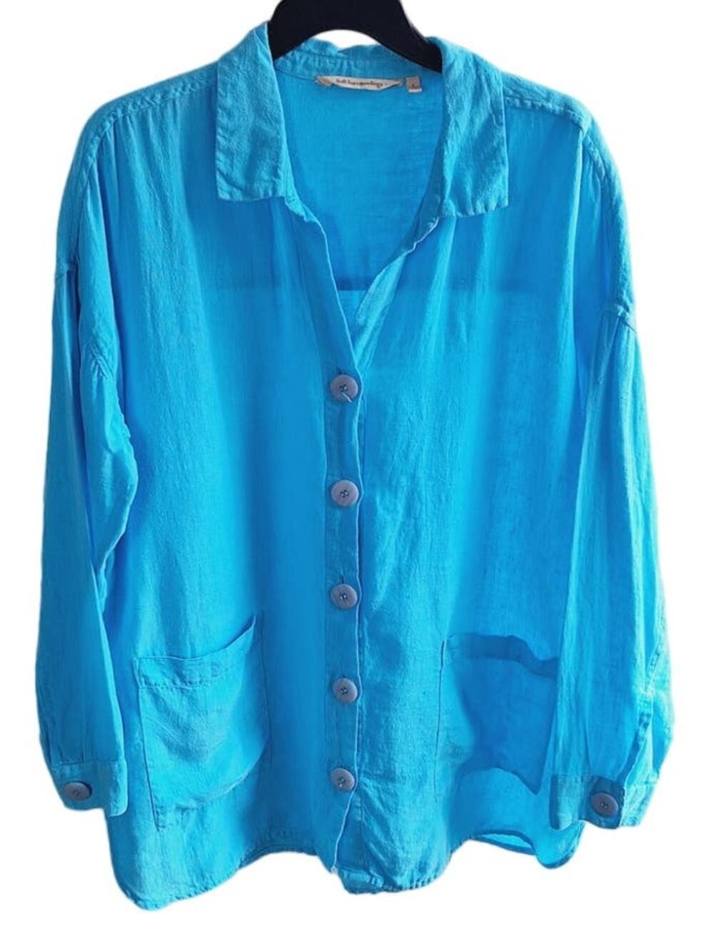 Soft Surroundings Blue Linen Button Front Pocket Blouse Women Large Coastal